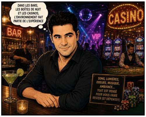 Le marketing furtif : ces techniques qui nous font consommer sans même que nous nous en rendions compte 22 Dans les bars, les boîtes de nuit et les casinos, l’environnement fait partie de l’expérience