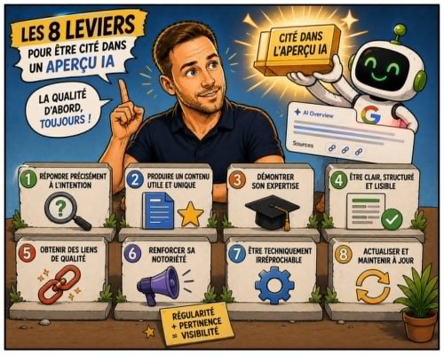 L'impact de Google AI Overviews en France : le guide complet pour comprendre, mesurer et être cité dans les Aperçus IA de Google 11 Les 8 leviers concrets pour être cité dans un Aperçu IA